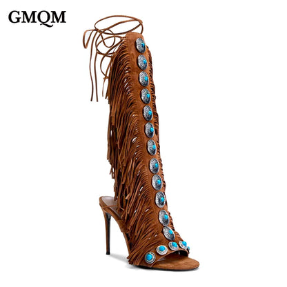 GMQM 2025 New Summer Festival Women's Knee High Boots Fringe Strappy Sandals Open Toe Lace-up Tassels High Heel For Dressy Shoes
