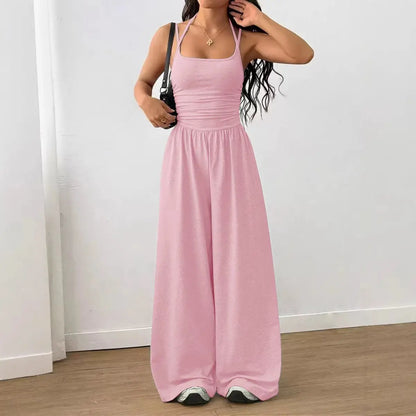 Women Halter Spaghetti Strap Jumpsuits Summer Casual Elastic High Waist Backless Wide Leg Long Pants Romper Club Party Overalls