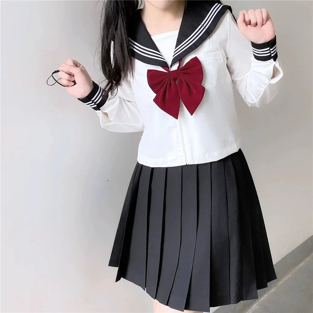 Japanese School Uniform Cute Girl Jk Suit Black Collar White Three-piece Suit Campus Sailor Suit Bow Long-sleeved Suit Uniform