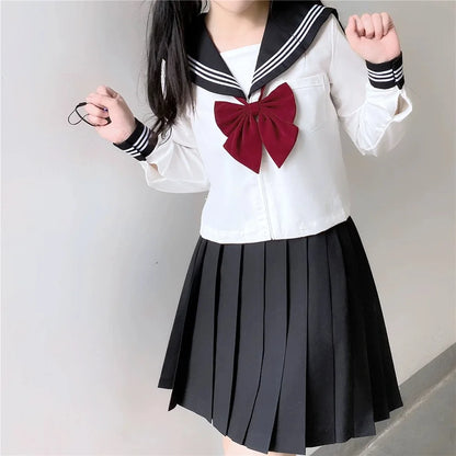 Japanese School Uniform Cute Girl Jk Suit Black Collar White Three-piece Suit Campus Sailor Suit Bow Long-sleeved Suit Uniform
