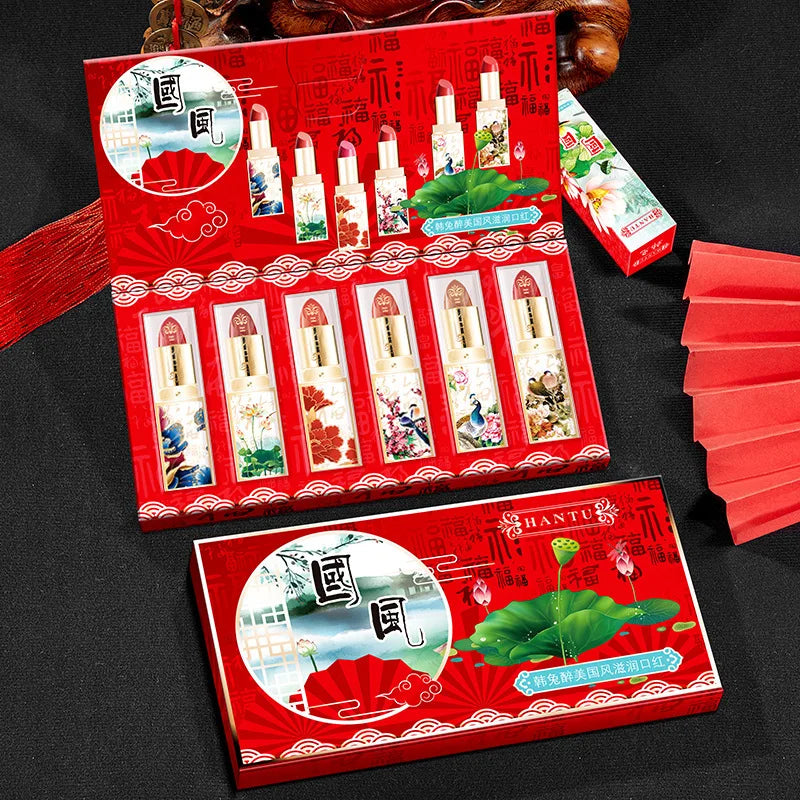 6pcs/set Chinese Style Lipstick Gift Set Box Lasting Moisturizing Nourishing Red Lip stick Cosmetics Women Beauty Makeup Set