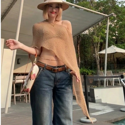 Casual Drop Shoulder Crochet Poncho Sweater Sheer Multi-wear Halter Shawl Irregular Knitted Cover-ups Vacation Outfits