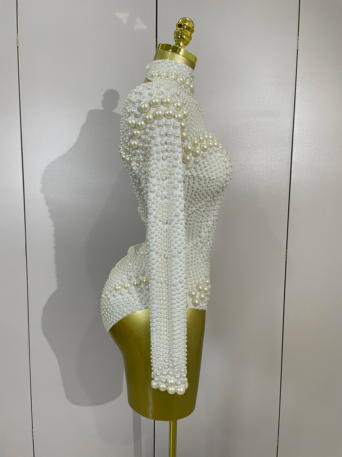 Luxury White Full Pearl Long Sleeved Stretch Bodysuit Women Birthday Evening Party Celebrate DJ Performance Nightclub Stage Wear