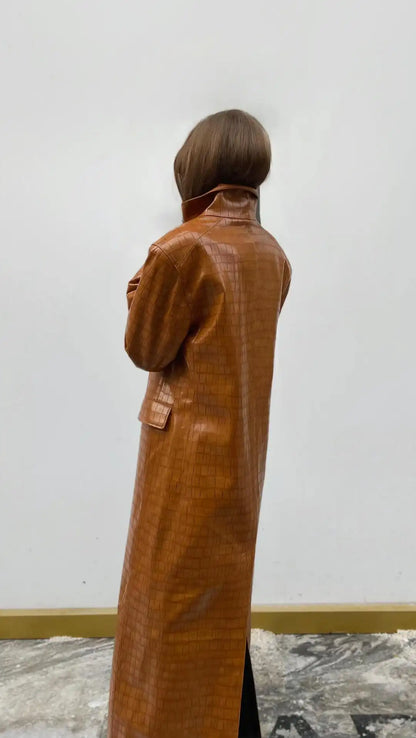 Women Brown Croc Embossed Faux Leather Maxi Trench Coat Lapel Single Breasted Straight Long Front Pockets Vintage Autumn Winter