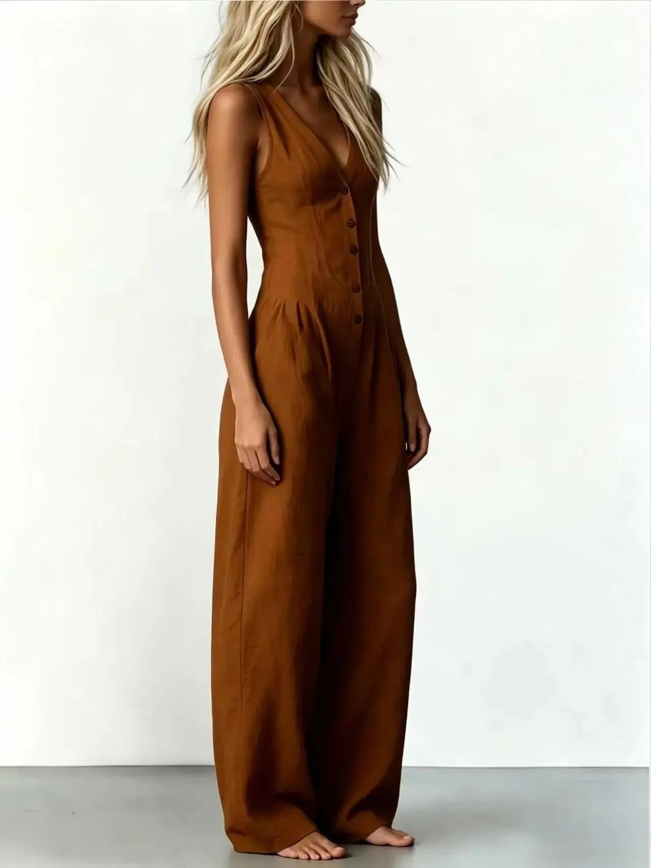 Women V Neck Spaghetti Strap Jumpsuit High Waist Pleated Wide Leg Long Pants with Pockets Casual Vacation Solid Overalls