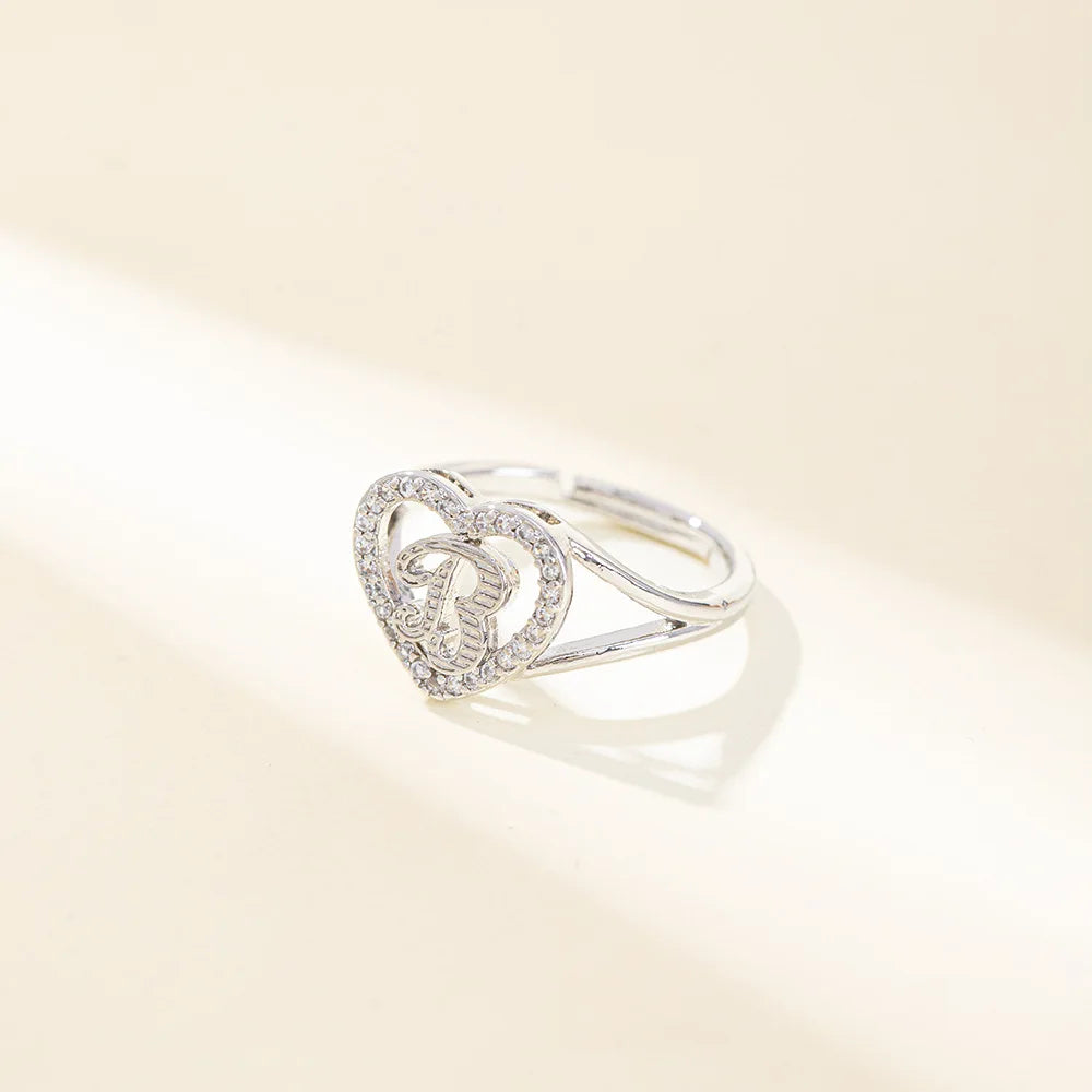 White Zircon 26 Letters A-Z Love Heart Open Adjustable Rings For Women Gold Silver Color Wedding Band Jewelry Mother's Day Gifts