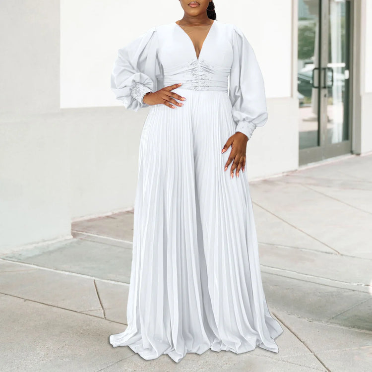 CM.YAYA Women Diamonds Long Sleeve Pleated V-neck Wide Leg Long Jumpsuits Party Beach Fashion Street Sexy Africa Outfit Rompers