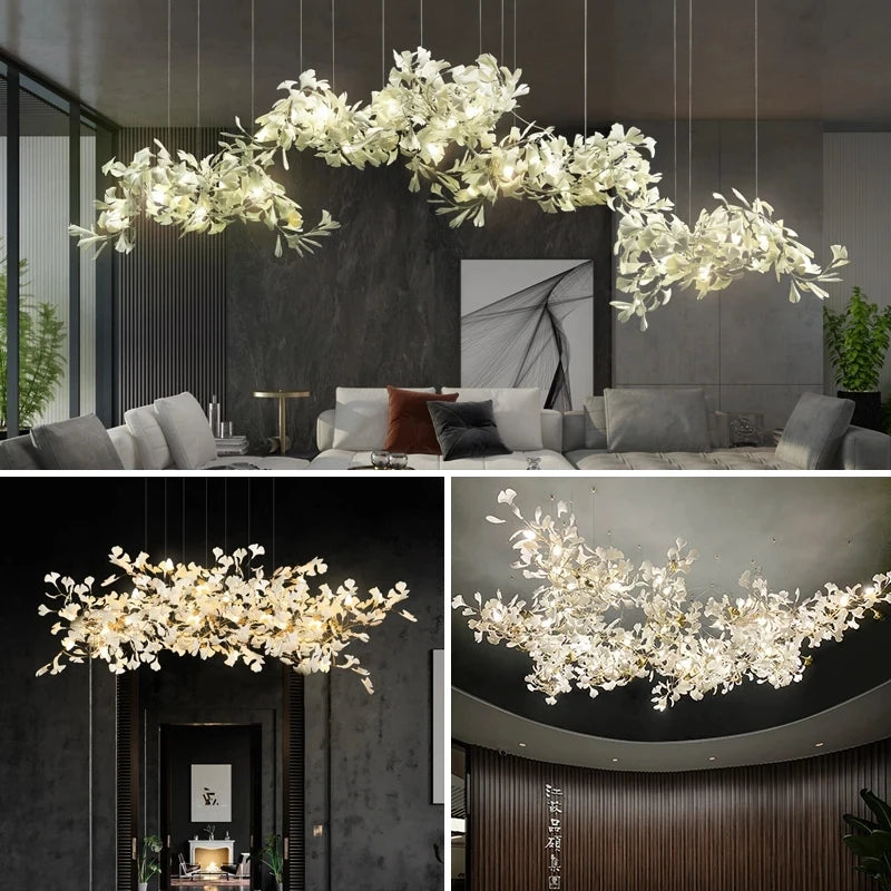 Staircase Ginko Leaf Chandelier Light For High Ceiling Staircase Loft Living Room Hotel Lobby Stairway Luxury Branch Chandeliers