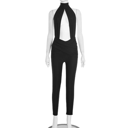 Halter Backless Jumpsuit Woman Sexy Hollow Fit Patchwork Waist Ruched Midnight Activity Workout Streetwear Overalls