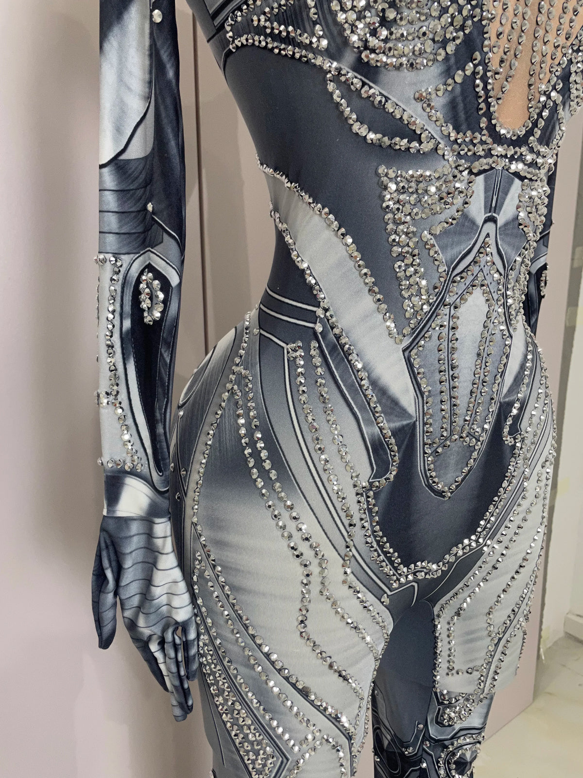 2025 New Trendy Women Sexy Rhinestones Printed Skinny Jumpsuit High Street Performance Dance Costume Bar Club Show Stage Wear