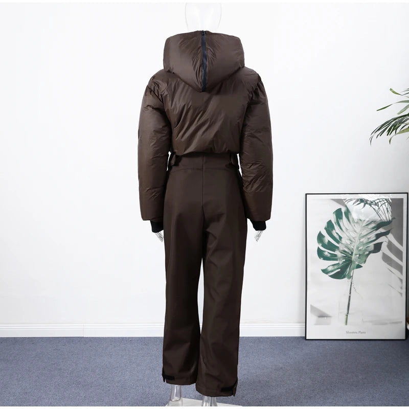 Fashion Hooded One-Piece Ski Jumpsuit Women Stand Collar Zipper High Waist Solid Windproof Outwear 2026 Winter Lady Skiwears New