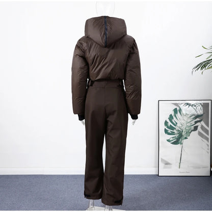 Fashion Hooded One-Piece Ski Jumpsuit Women Stand Collar Zipper High Waist Solid Windproof Outwear 2026 Winter Lady Skiwears New