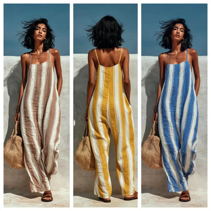 Women's Striped Print Street Loose Casual Sleeveless Pocket Playsuits Elegant Off Shoulder Suspender Jumpsuits and Rompers