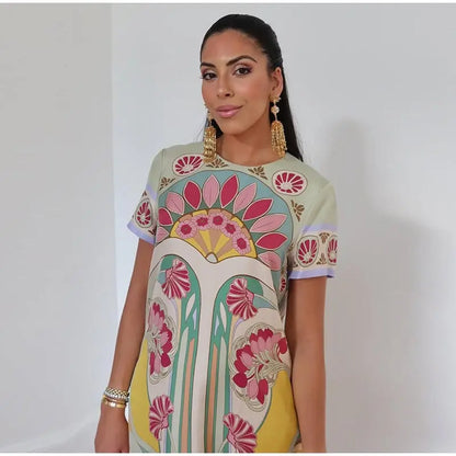 Women Art Floral Print Feather Hem Maxi Dress Short Sleeve Crew Neck Loose Fit Dresses 2026 Summer Fashion Elegant Lady Outwear