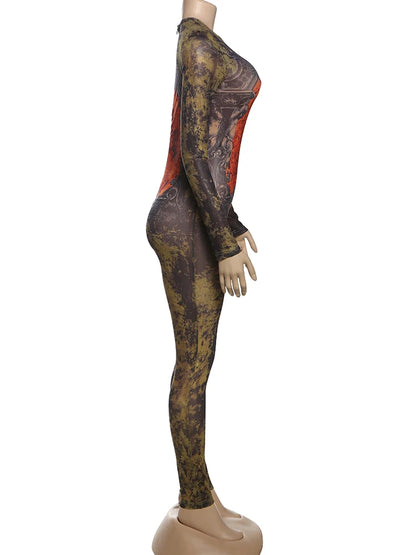 Weird Puss Sexy Fitness Jumpsuit Women Tie-Dye Print O-Neck Full Sleeve Skinny Streetwear Autumn Zip Slim Stretch Tight Overalls
