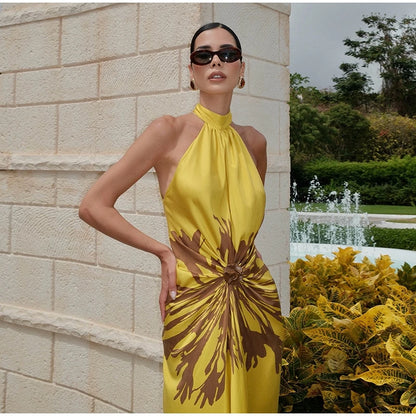 2026 Summer Printed Halter Maxi Dress Women Sleeveless Pleated Chic Satin Long Dresses Fashion Vacation Beach Party Lady Robe