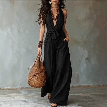 Bohemian Women's Brown Halter Neck Jumpsuit Deep V-Neck Tie Front Knot Wide Leg Pants Sleeveless Casual Summer Beach Jumpsuits