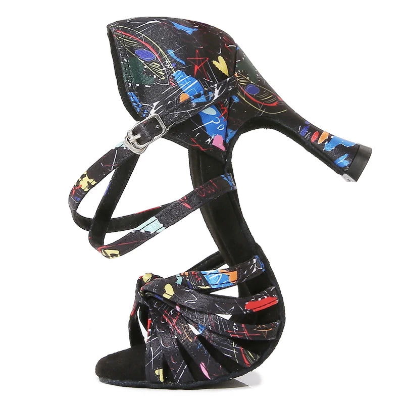Latin Dance Shoes Women's Flower Satin Salsa Tango Ballroom Party High Heel Women's Shoes Summer Dance Sneakers Outdoor Sandals