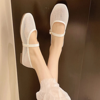 Women Luxury Sandals Flats Shallow Beach Comfort Retro Female Mary Jane Fishing Net Ballet Shoes Women's Soft Bottom Flat Hollow