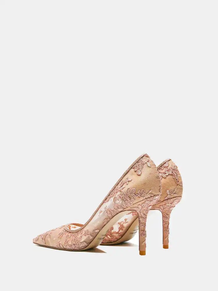 Women heels 2025 pink mesh lace Women's elegant high heels Luxury Brand Shallow Pointed Toe Sexy Pumps Ladies Prom Shoes Women