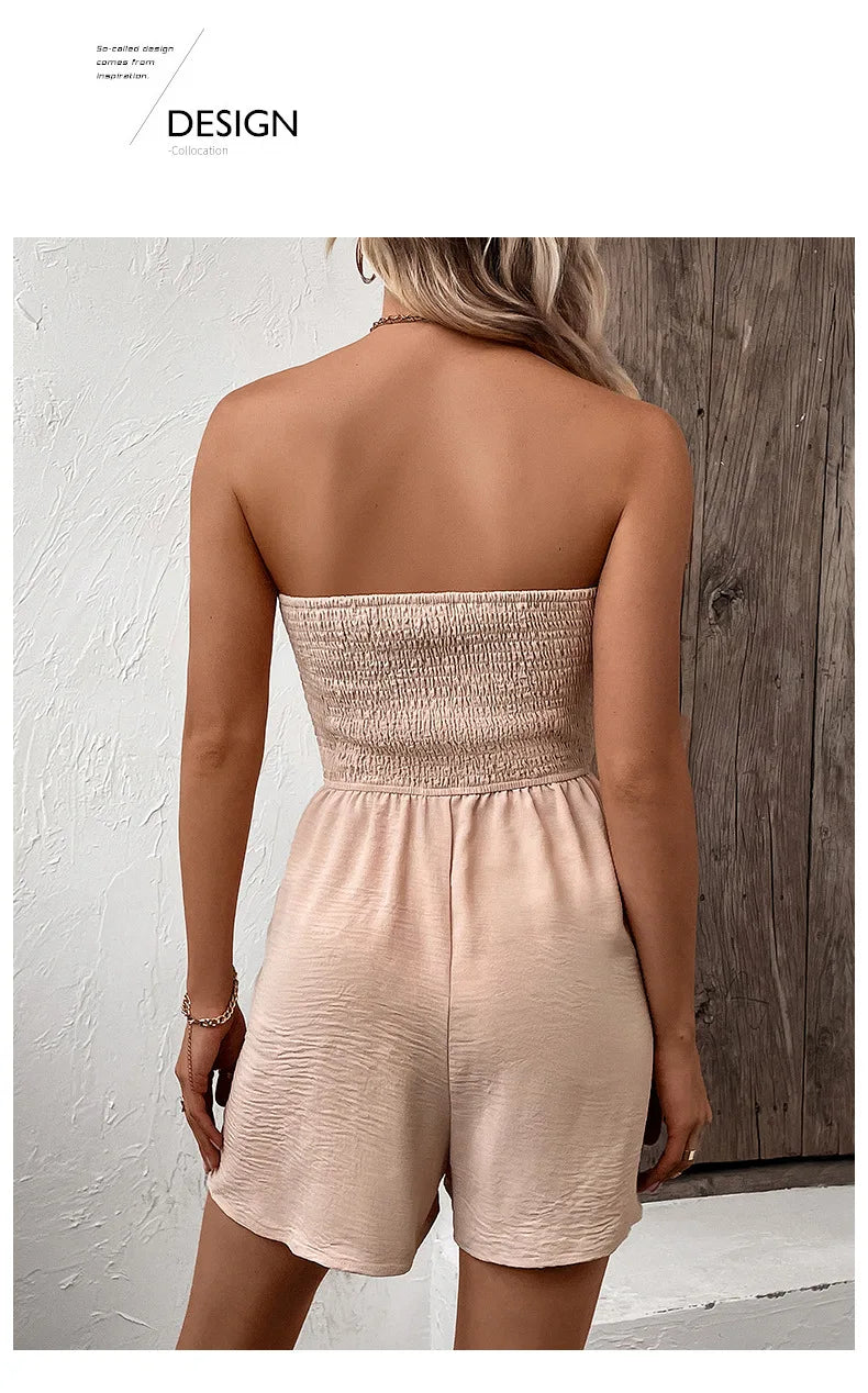 Summer Leisure Vacation, European and American Solid Color High Waist Design, Strapless Jumpsuit Shorts