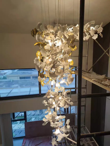 Staircase Ginko Leaf Chandelier Light For High Ceiling Staircase Loft Living Room Hotel Lobby Stairway Luxury Branch Chandeliers