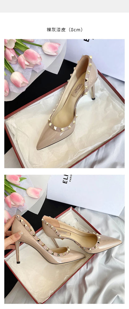 Luxury Brand Women's Shoes Woman Sandals Summer Rivets High Heels Side Empty Female Leather Fashion Prom Ladies Shoes Women 2026