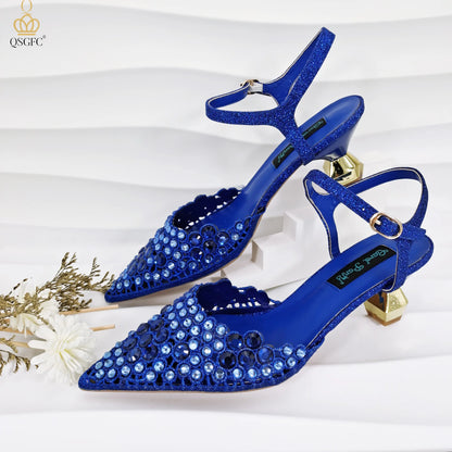 Party Style African Women's Shoes Bags Rhinestone Embellished Pointed Toe Cutout Heels Square Clutch Bag