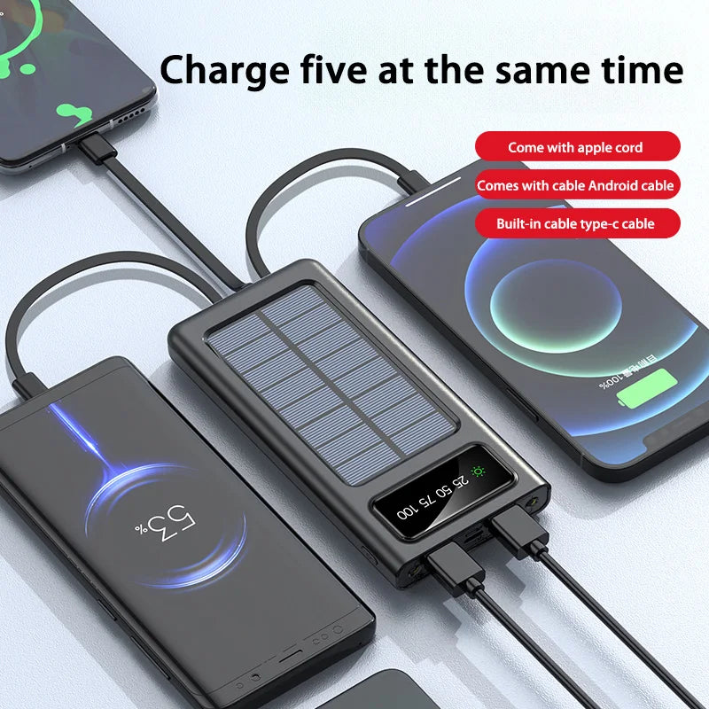 Lenovo Solar Power Bank 200000mAh Large Capacity Mobile Power Fast Charging Battery With Dual USB 4-Cables For iPhone Samsung