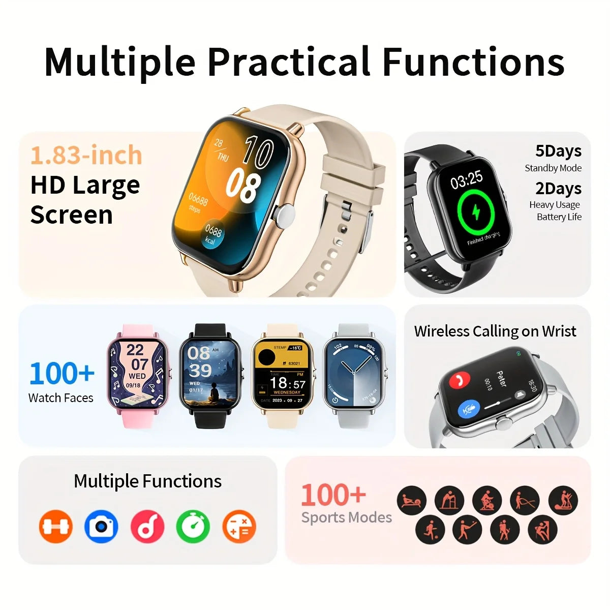 1.83-Inch Smart Watch for Men And Women - Wireless Call Watch, with APP Message Notification, Calculator, Alarm Clock