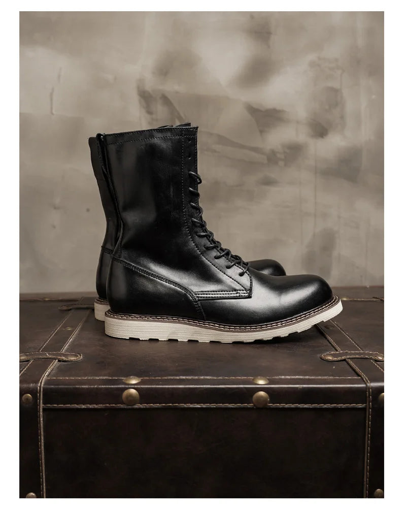 Fashion Men's Cow Genuine Leather Motorcycle Boots Brogue Shoes Retro High Round Toe Mid-calf Western Chelsea Riding Boots