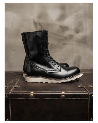 Fashion Men's Cow Genuine Leather Motorcycle Boots Brogue Shoes Retro High Round Toe Mid-calf Western Chelsea Riding Boots