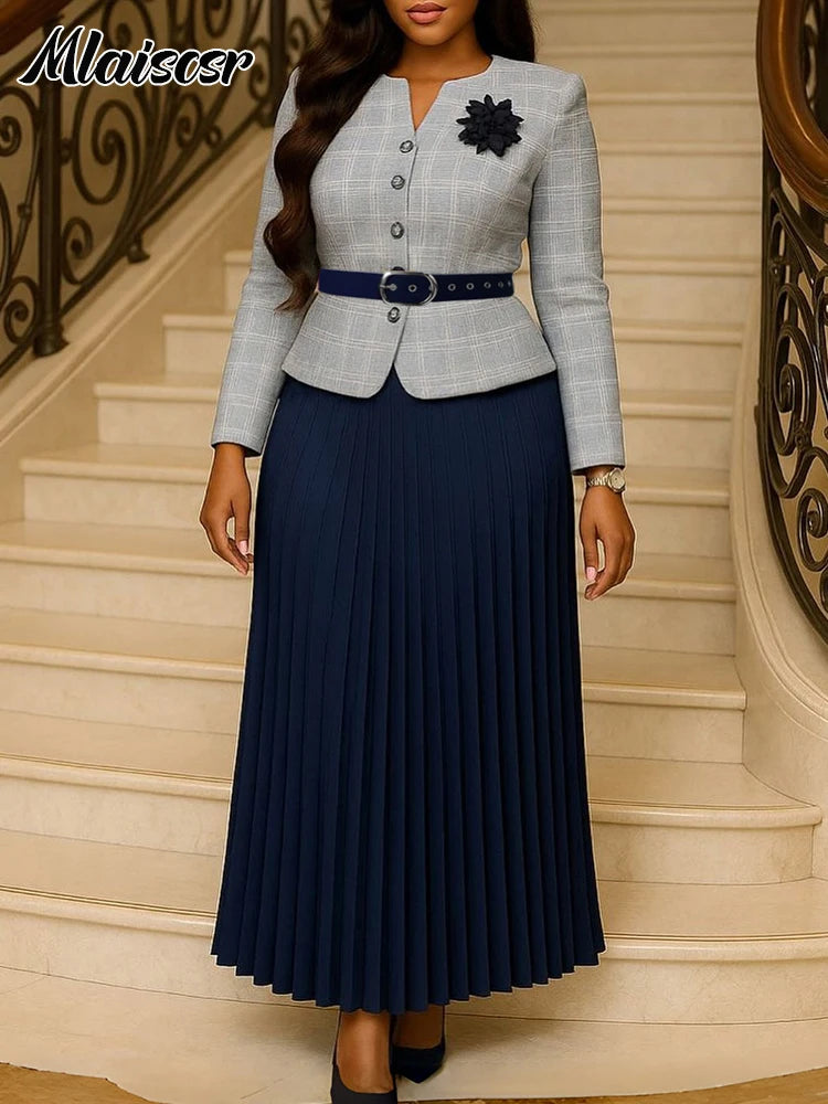 Mlaiscsr Fashion Plaid Blazer Suits for Woman Button 3D Floral Brooch Belt and Pleated Skirt 2 Piece Set Female Office Outfits