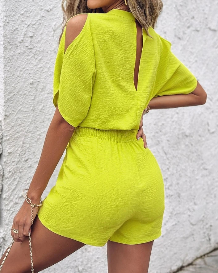 Jumpsuit Women 2024 Summer Fashion Cold Shoulder Drawstring Shirred Romper Women's Clothing Casual High Waist Short Jumpsuits