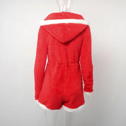 Plush Color Patchwork Xmas Women's Sexy Hooded Playsuits Loose Fitting Front Zip High-waist Home Casual Comfort Romper Sleepwear