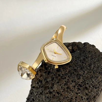 Stylish Irregular Dial Big Diamond Open Cuff Gold Watch for Woman