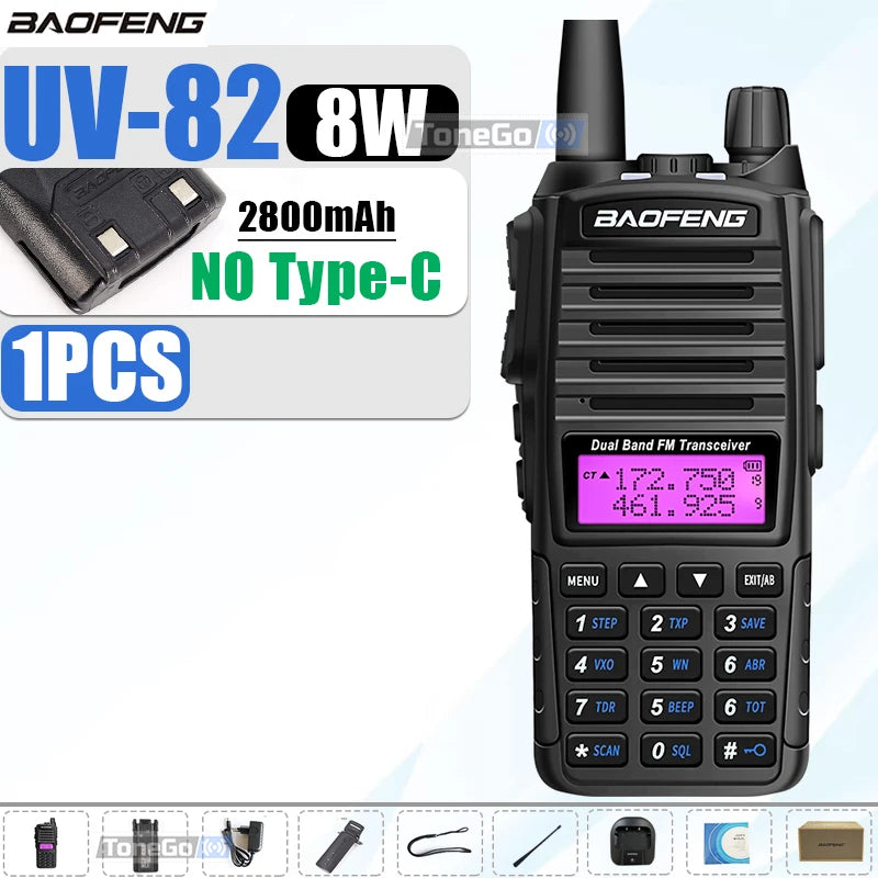 1/2Pcs Baofeng UV-82 Walkie Talkie 5/8W Tri-Power FM Radio Type-C Charger Dual PTT Dual Band VHF/UHF Two Way Camouflage For Hunt