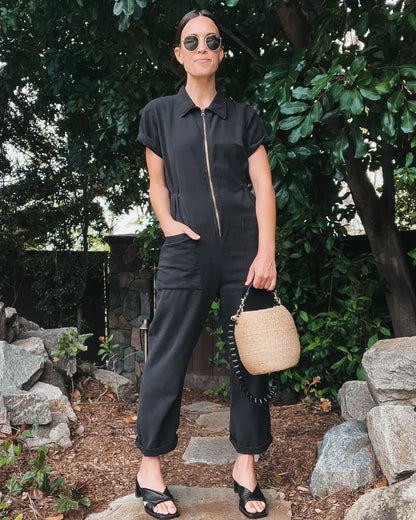 Summer Pocket Zipper Jumpsuit Women Fashion Pure Color Short Sleeve Jumpsuits For Women 2025 Casual One Piece Sets White