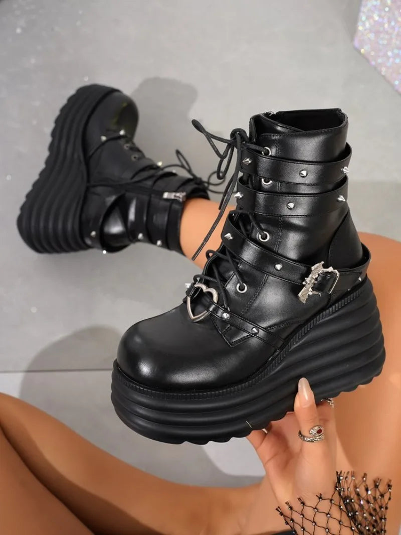 Women's Ankle Boots Round Toe High Platform Wedge Heel Lace-Up Side Zipper Gothic Punk Style Studded Strap Chunky Footwear 2026
