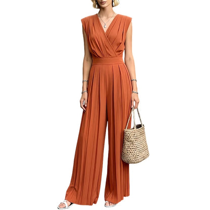 Women Street Fashion Minimalist Jumpsuits V-Neck Sleeveless Inverted Pleats Wide Leg Pant Overalls ZANZEA Commute Work Playsuits