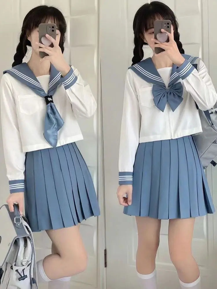 Blue JK Uniform Summer long Sleeve Japanese School Uniforms Girls Sailor Sets Pleated Skirt JK Uniform Costume