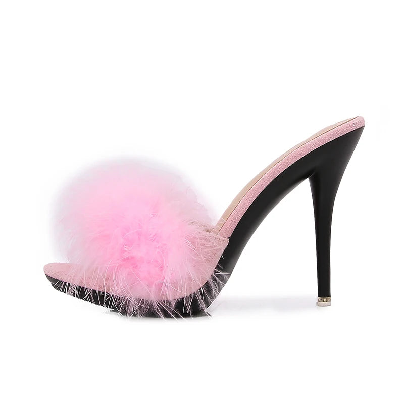 10CM Thin High Heel Summer Furry Slippers For Ladies Mules Fashion Fluffy Fur Slides Sandals 2025 New Brand Women's Party Shoes