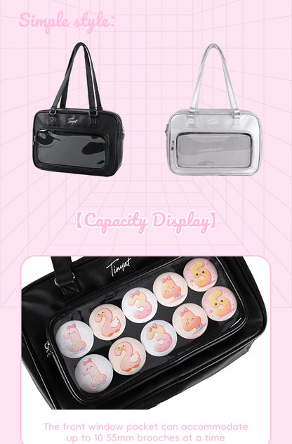 TINYAT PU Y2K Ita Bag Tote Lolita Girl Clear Window Display Message Bag Large Capacity Daily Commuting Handbag for Women School