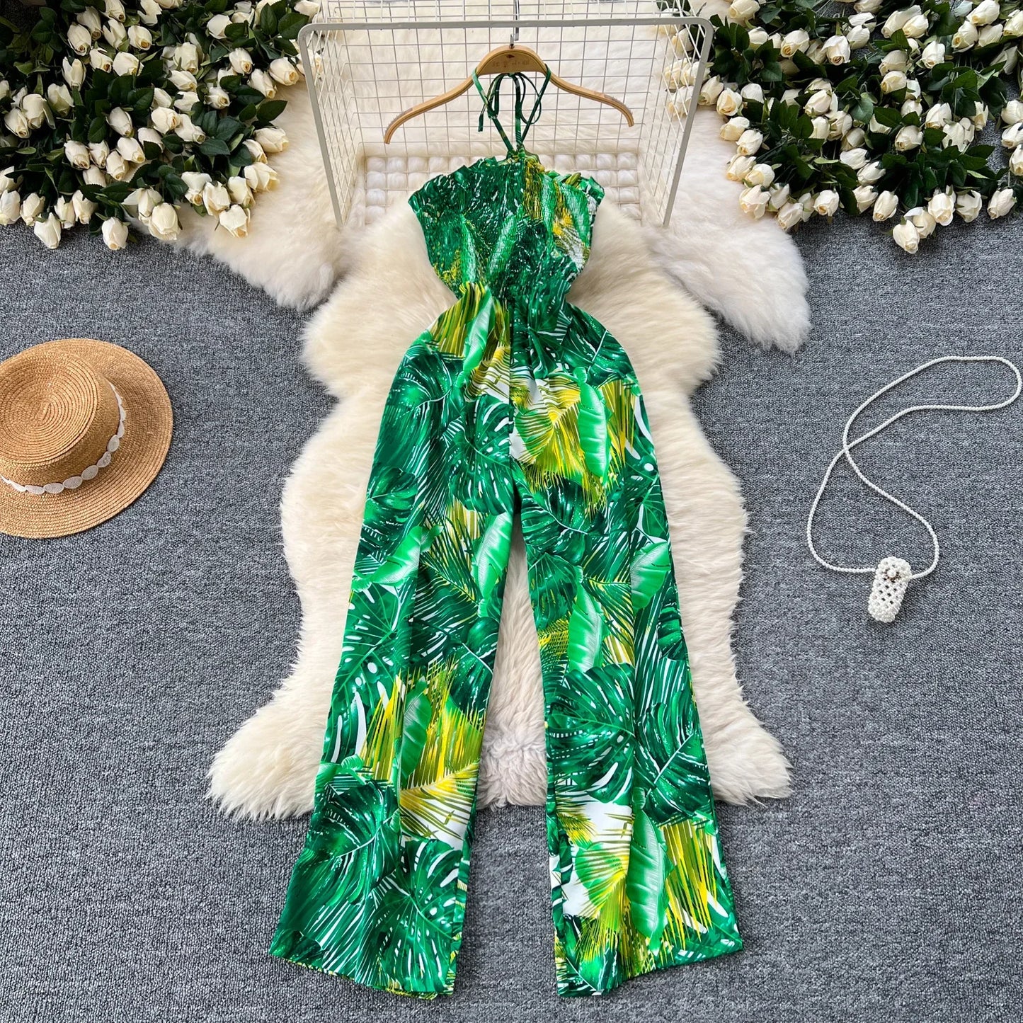 2024 New Summer Sexy Bohemian Leaf Print Jumpsuits Women Sleeveless Sexy Long Jumpsuit Mujer Casual Holiday Beach Rompers