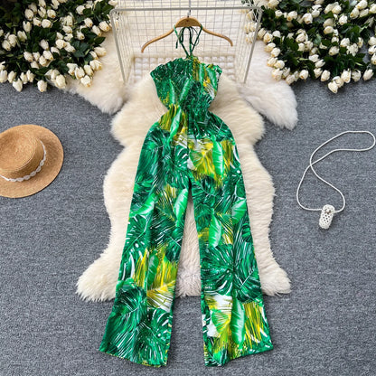 2024 New Summer Sexy Bohemian Leaf Print Jumpsuits Women Sleeveless Sexy Long Jumpsuit Mujer Casual Holiday Beach Rompers