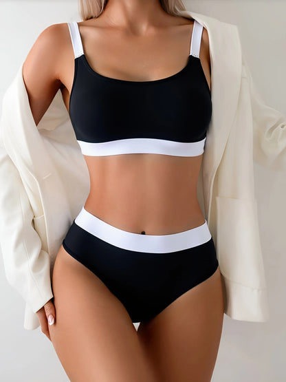 2026 New Black White Color Block Bikini Set Women High Waisted Sporty Two Piece Swimsuit Square Neck Tank Top Bathing Suit Beach
