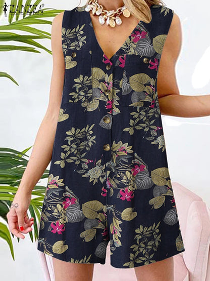 Women Summer Rompers ZANZEA Bohemian Floral Printed Jumpsuits Fashion V Neck Sleeveless Overall Pants Casual Holiday Playsuits