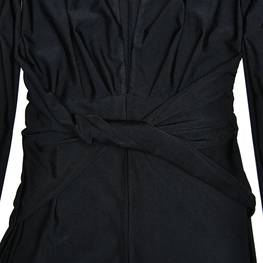 2025 Spring Deep V Neck Long Sleeve Skinny Jumpsuits Women Rompers Elegant Black High Waist Ruched Slim Sexy Jumpsuit Outfits