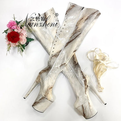 Exotic 8inch High Heels Pole Dance Shoes 20cm over the Knee Bootsg gladiator Lace Up Platform Stripper Gothic Beige Lighter club