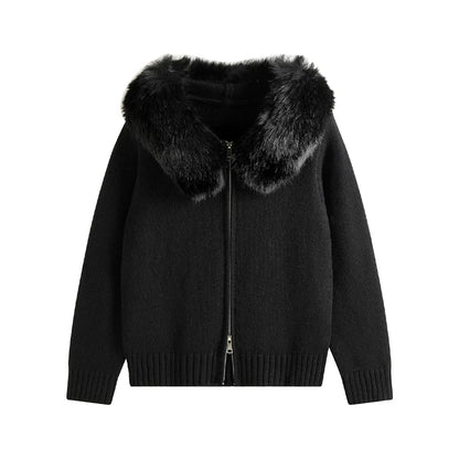New 2026 Winter Sweater Coat Women Hooded Cardigan Fur Collar Hooded Knit Thicken Warm Women's Coats Chic Casual Outwear Coats